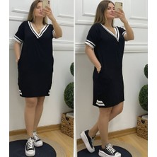 Venera Butik Kadın Kısa Kollu V Yaka Ribana Detaylı Cepli Dizüstü Viskon Elbise