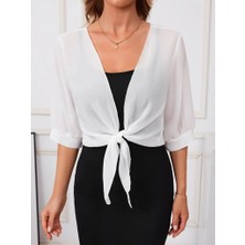 Venera Butik Kadın Truvakar Kol Önden Bağlamalı Kısa Şifon Bolero Ceket