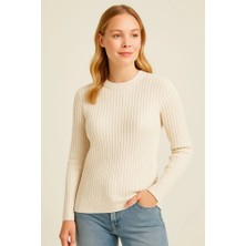 Venera Butik Bisiklet Yuvarlak Yaka Triko Kazak Pamuklu Kalın Fitilli Dokuma, Regular Fit Uzun Kollu Kışlık Model - Bej