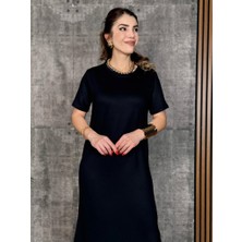 Venera Butik Kadın Kısa Kollu Bisiklet Yaka Yırtmaçlı Viskon Iki Iplik Elbise