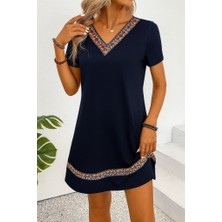 Venera Butik Kadın Kısa Kollu V Yakalı Etnik Desen Şerit Detaylı Viskon Elbise