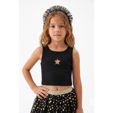 Le Mabelle Siyah  Yıldız Nakışlı Fitilli Askılı Kız Çocuk Crop Bluz - Cindy