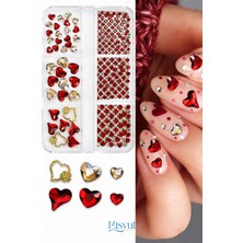 Misyul Tırnak Süsleme Red & Gold Kalp Charm Seti, Nail Art Tırnak Süslemesi
