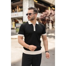 Venera Butik Erkek Yaka ve Kol Detaylı Fermuar Yakalı Çizgi Desen Kısa Kollu Triko Tişört