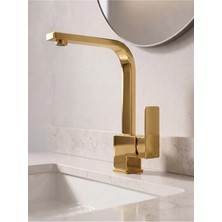 Ralken Kare Model Gold Altın Banyo Lavabo Bataryası Musluğu - %100 Pirinç, Paslanmaz, Ağır Gövde