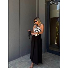 Kadın Çizgi Desenli Halter Yaka Maxi Elbise