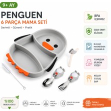 Jojobebek Vakumlu Silikon Mama Tabağı, Silikon Saplı Metal Uçlu Çatal ve Kaşık ( Penguen Figürlü )