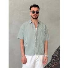 Erkek Mavi Çizgili Oversize Kısa Kollu Gömlek