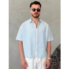 Erkek Mavi Çizgili Oversize Kısa Kollu Gömlek