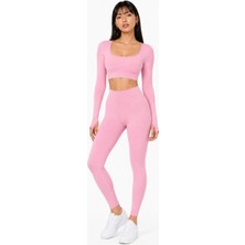 Formactive 1970-1950 Parmak Geçirmeli Uzun Kollu Büstiyer Ve Push Up Dikişsiz Tayt Takım Pembe M/L