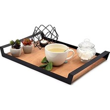 Büyük Ham Renk Servis ve Sunum Tepsisi, Metal Kulplu Ahşap Tepsi - 48,5X32 cm