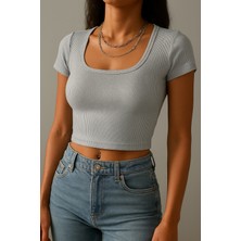 Öz Pamuk Fitilli Pamuklu Kumaş Örme Kare Yaka Crop T-Shirt Bluz