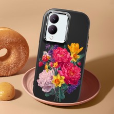 HONTINGA Vivo Y28 ile Uyumlu Kılıf Kamera Korumalı Düşüme Önleyici Kamera Koruyucu Siyah Yumuşak Silikon Couple Telefon Kılıfı Çiçekli Desenli K4-0478