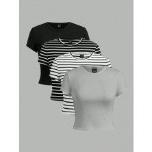 Öz Pamuk Kadın 4 Lü Adet Fitilli %100 Pamuklu Bisiklet Yaka Örme   Crop T-Shirt