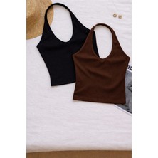 Öz Pamuk Kadın Çapraz Halter Yaka Kolsuz 2 Li Fitilli Crop Basıc Atlet Bluz