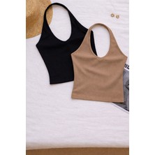 Öz Pamuk Kadın Çapraz Halter Yaka Kolsuz 2 Li Fitilli Crop Basıc Atlet Bluz