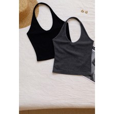 Öz Pamuk Kadın Çapraz Halter Yaka Kolsuz 2 Li Fitilli Crop Basıc Atlet Bluz