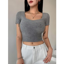 Öz Pamuk Kadın Kare Yaka Yaka Fitilli Crop Adet Basıc Bluz