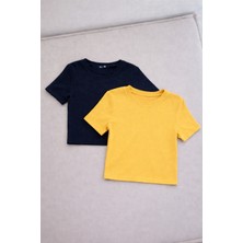 Öz Pamuk Kadın 2'li Adet Siyah Fitilli Bisiklet Yaka Kaşkorse Crop T-Shirt Bluz
