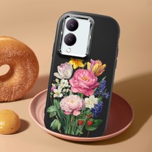HONTINGA Vivo Y28 ile Uyumlu Kılıf Kamera Korumalı Düşüme Önleyici Kamera Koruyucu Siyah Yumuşak Silikon Couple Telefon Kılıfı Çiçekli Desenli K4-0477