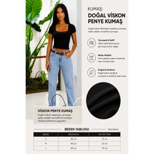Öz Pamuk Kadın Kare Yaka Dantel Detaylı Viskon Penye Bluz Esnek Slim Fit Tişört
