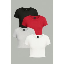 Öz Pamuk Kadın 4 Lü Adet Fitilli %100 Pamuklu Bisiklet Yaka Örme   Crop T-Shirt