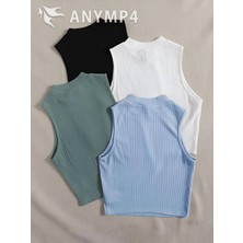 Öz Pamuk Kadın 4 Lü Adet Fitilli Pamuklu Örme Kaşkorse Crop Bluz Atlet