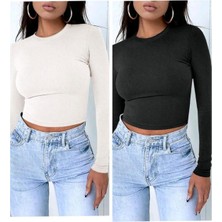 Öz Pamuk 2 Li Adet Kadın Siyah Fitilli  Bisiklet Yaka Kaşkorse Crop Bluz