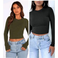 Öz Pamuk 2 Li Adet Kadın Siyah Fitilli  Bisiklet Yaka Kaşkorse Crop Bluz