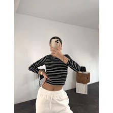 Öz Pamuk Kadın Fitilli %100 Pamuklu Bisiklet Yaka Örme Kaşkorse Uzun Kol Crop Bluz
