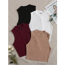 Öz Pamuk Kadın 4 Lü Adet Fitilli Pamuklu Örme Kaşkorse Crop Bluz Atlet