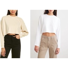 Öz Pamuk 2'li Adet Bisiklet Yaka Oversize Crop Sweatshirt