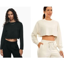 Öz Pamuk 2'li Adet Bisiklet Yaka Oversize Crop Sweatshirt