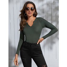 Öz Pamuk Kadın Kare Yaka Fitilli Kaşkorse Crop Uzun Kollu Bluz