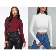 Öz Pamuk 2 Li Adet Kadın Siyah Fitilli Yarım Balıkçı Yaka Kaşkorse Crop Body Bluz