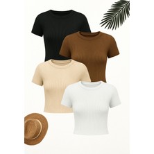 Öz Pamuk Kadın 4 Lü Adet Fitilli %100 Pamuklu Bisiklet Yaka Örme   Crop T-Shirt