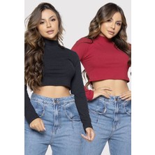 Öz Pamuk 2 Li Adet Kadın Siyah Fitilli Yarım Balıkçı Yaka Kaşkorse Crop Body Bluz