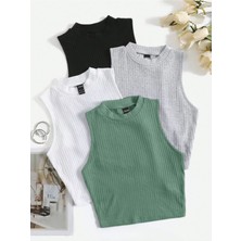 Öz Pamuk Kadın 4 Lü Adet Fitilli Pamuklu Örme Kaşkorse Crop Bluz Atlet