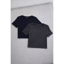 Öz Pamuk Kadın 2'li Adet Siyah Fitilli Bisiklet Yaka Kaşkorse Crop T-Shirt Bluz