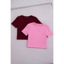 Öz Pamuk Kadın 2'li Adet Siyah Fitilli Bisiklet Yaka Kaşkorse Crop T-Shirt Bluz
