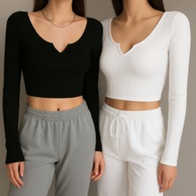 Öz Pamuk 2 Li Adet Kadın Kare Yaka Fitilli Kaşkorse Crop Uzun Kollu Bluz