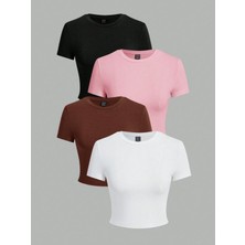 Öz Pamuk Kadın 4 Lü Adet Fitilli %100 Pamuklu Bisiklet Yaka Örme   Crop T-Shirt