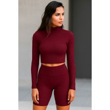 Öz Pamuk Kadın Fitilli Yarım Balıkçı Yaka Kaşkorse Crop Bluz