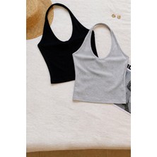 Öz Pamuk Kadın Çapraz Halter Yaka Kolsuz 2 Li Fitilli Crop Basıc Atlet Bluz