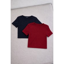 Öz Pamuk Kadın 2'li Adet Siyah Fitilli Bisiklet Yaka Kaşkorse Crop T-Shirt Bluz