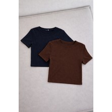 Öz Pamuk Kadın 2'li Adet Siyah Fitilli Bisiklet Yaka Kaşkorse Crop T-Shirt Bluz
