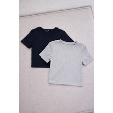 Öz Pamuk Kadın 2'li Adet Siyah Fitilli Bisiklet Yaka Kaşkorse Crop T-Shirt Bluz