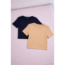 Öz Pamuk Kadın 2'li Adet Siyah Fitilli Bisiklet Yaka Kaşkorse Crop T-Shirt Bluz