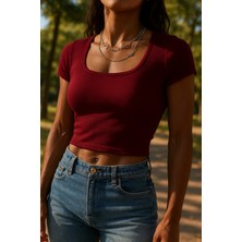 Öz Pamuk Fitilli Pamuklu Kumaş Örme Kare Yaka Crop T-Shirt Bluz