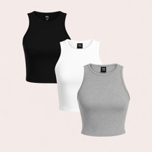 Öz Pamuk Kadın 3 Lü Adet Fitilli %100 Pamuklu Örme Kaşkorse Crop  Atlet Bluz
